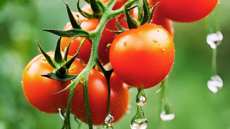 Fresh Tomatoes with Water drop after Rain in The Garden