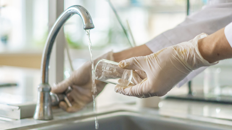 Person with gloves about to collect water from faucet