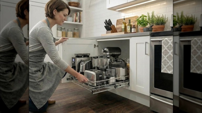 person pulling out under cabinet organizer