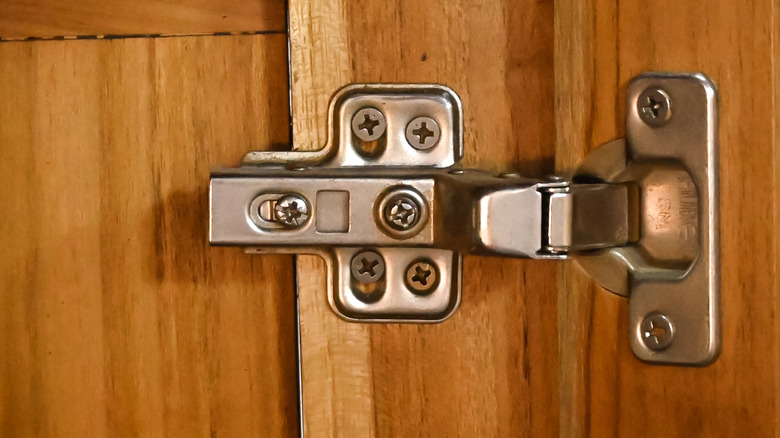 A close up shot focuses on a silver toned Blum soft-close face frame cabinet hinge attached to a wooden cabinet door and frame
