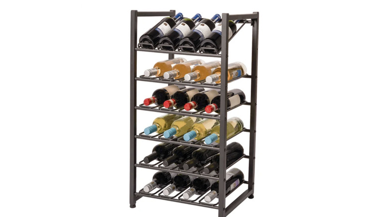 The Neatfreak 24-bottle wine rack with wine bottles on it on a white background