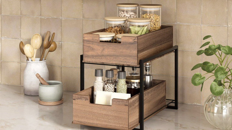 Seville Classics sliding bin organizer on a countertop in a kitchen