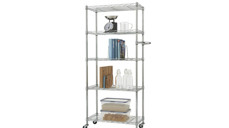 Trinity 5-tier rack with kitchen utensils and cookbooks stored on it