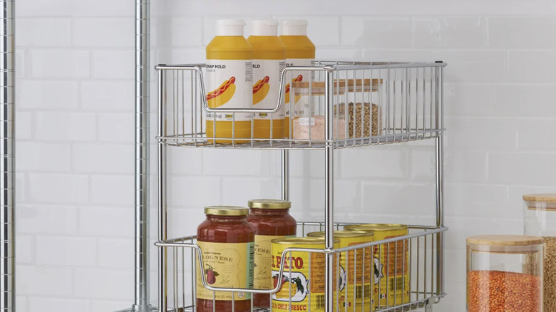 Trinity's 2-tier wire drawer holding some food items on a wire rack in a pantry