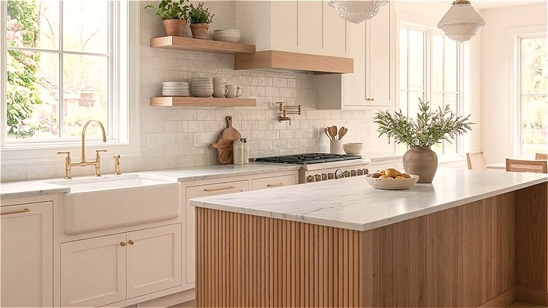 A kitchen with white cabinets, wood shelves, a wood island, and potted plants