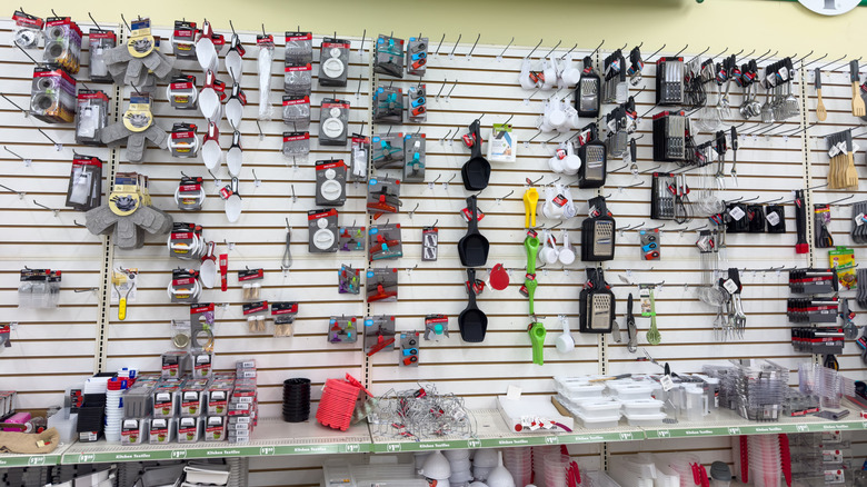 A display of kitchen essentials in a Dollar Tree store