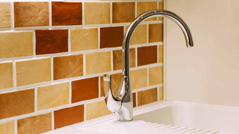 Polished nickel faucet in kitchen sink