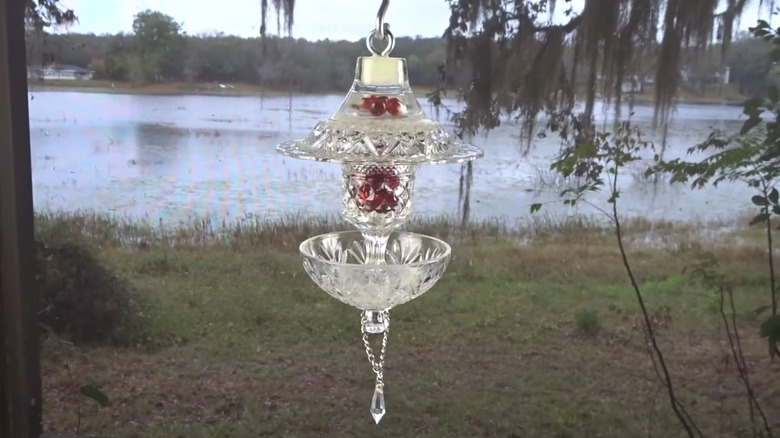 A bird feeder made with a butter dish
