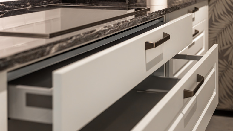 Open kitchen drawers with modern hardware and cabinet front