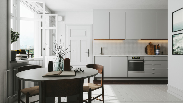 Interior of a Scandinavian style kitchen with dining table