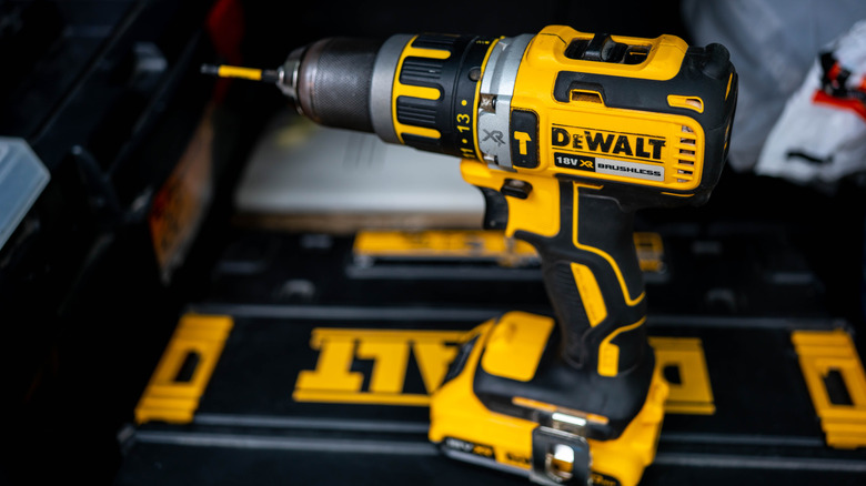 Used Dewalt DCD795D2-QW cordless impact drill screwdriver close up shot.