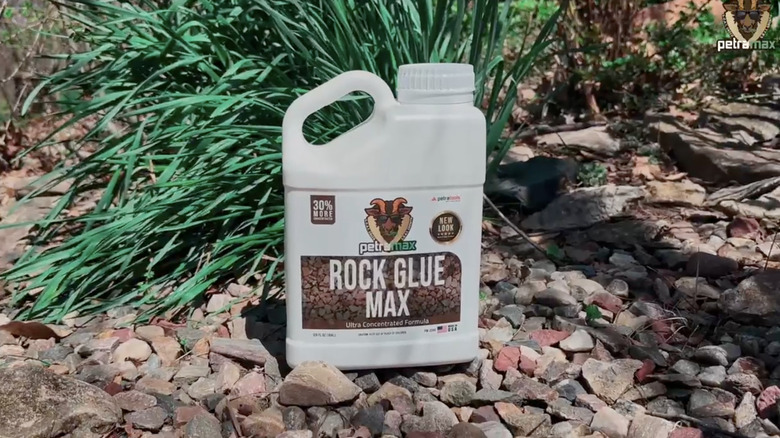 A container of Petra Max Rock Glue Max sits on a garden bed filled with rocks and ornamental grasses