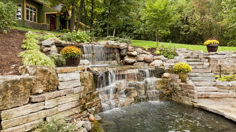 Multi level fountain in backyard