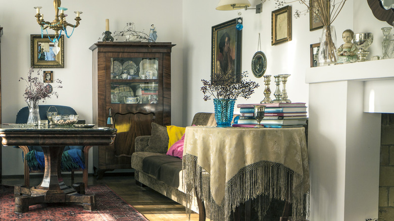 Vintage items assembled on a cabinet