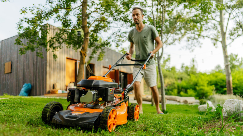 Man mowing the lawn in shorts