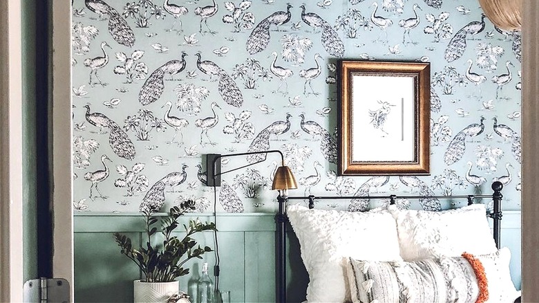 colorful fabric wallpaper in bedroom