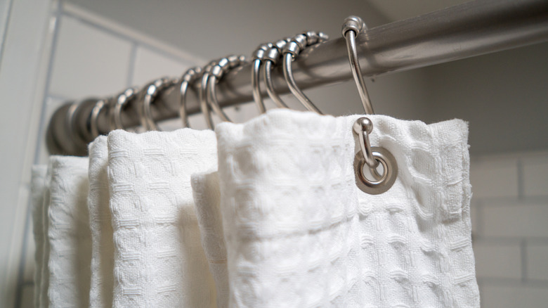 Close-up of a luxurious textured-fabric shower curtain