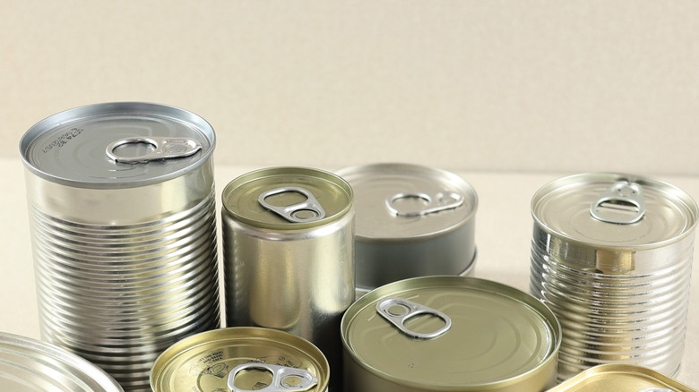 Various canned food on kitchen counter