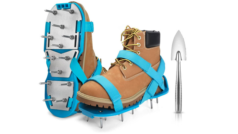 Boots with lawn aerators attached