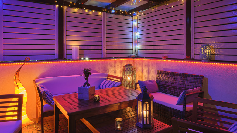 A cozy outdoor area with various lights