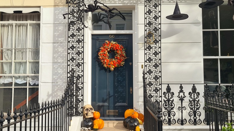 front door with Halloween decorations
