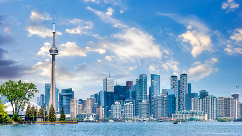 The Toronto city skyline during the daytime and seen from the Lake Ontari