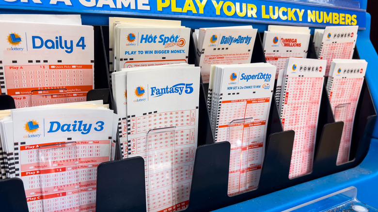 Lottery ticket forms in a stand