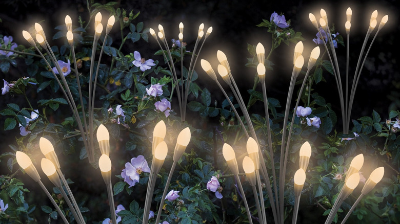 Two sets of Costco Solar Firefly Landscape Lights embedded in purple plant shrubs.