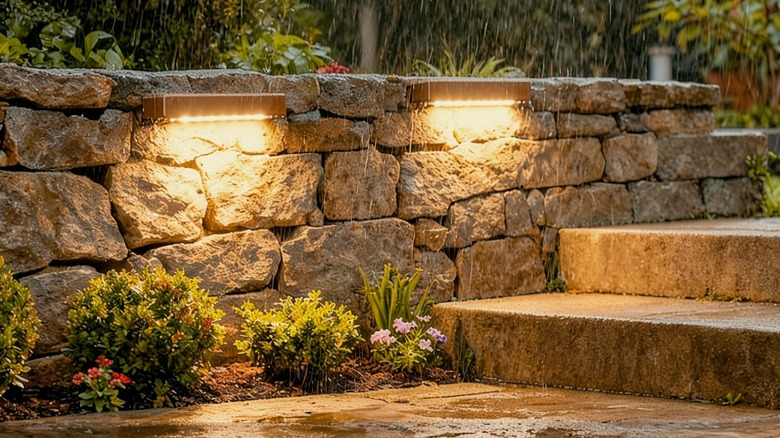 JESLED retaining wall lights at night in rain