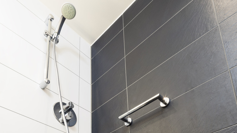 black and white tiled shower