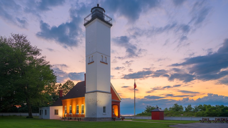 square lighthouse at dusk