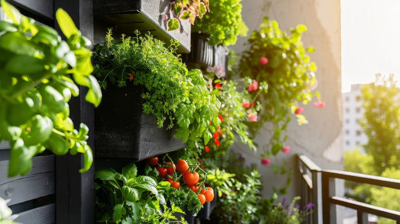 Planters hanging from a wood slats on a balcony fence.