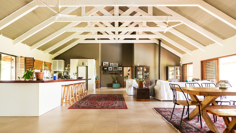 beams ceiling open living dining room