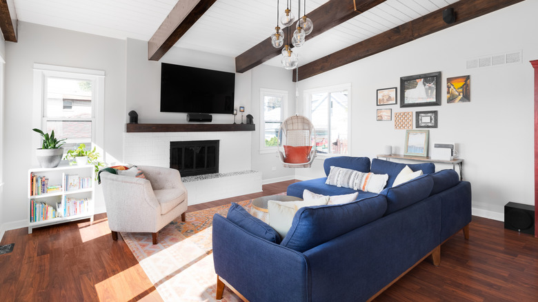 Living room with blue couch