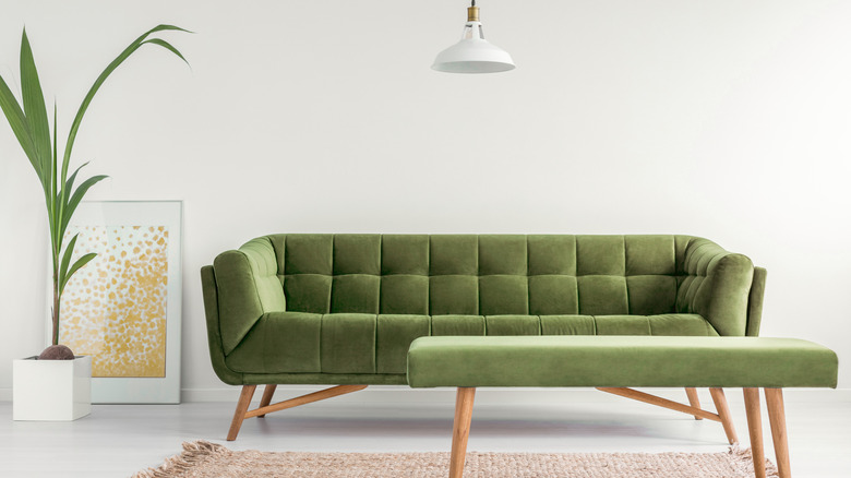 An olive green sofa and matching ottoman against a white wall with a tall plant to the left