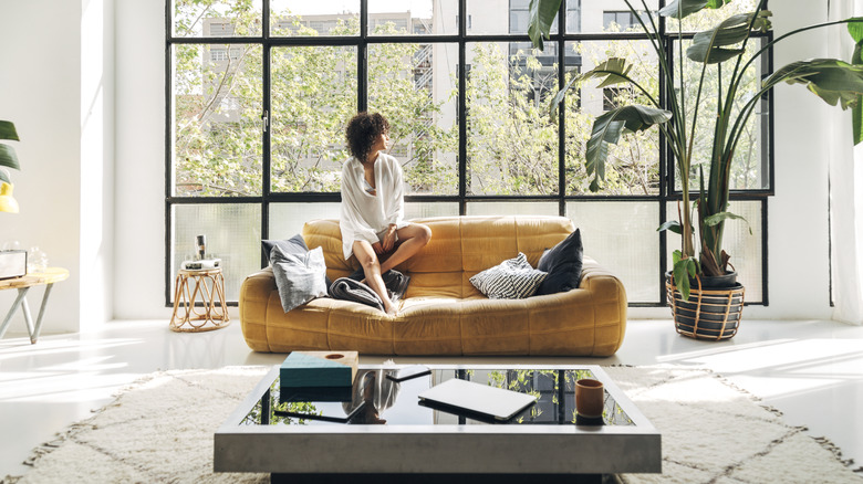 woman sitting on couch in living room with large window and plant