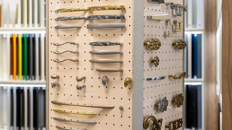 A store display of cabinet hardware