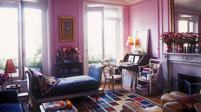 Eclectic living room with vibrant colors, maximalist decor