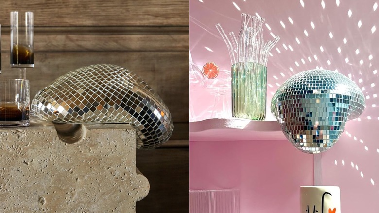 A split image of melting disco balls hanging off a shelf