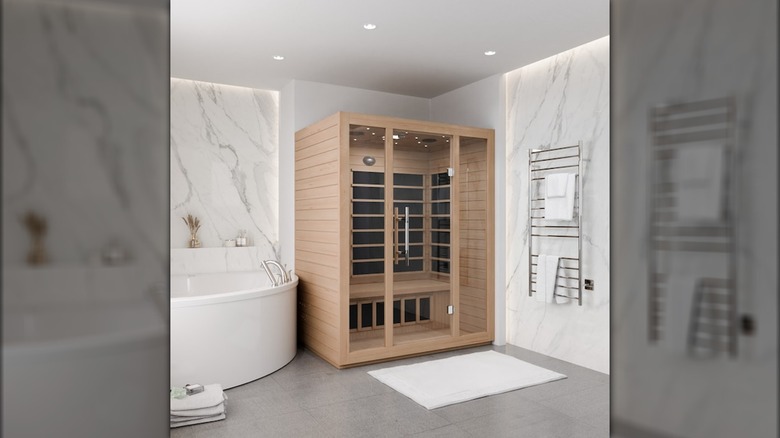 SteamSpa in-home infrared sauna in bathroom
