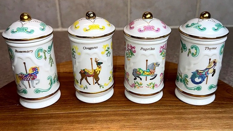 Split image of four Lenox Carousel spice jars for rosemary, oregano, paprika, and thyme