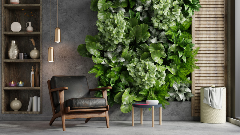 A modern living room features a feature wall covered with living plants.