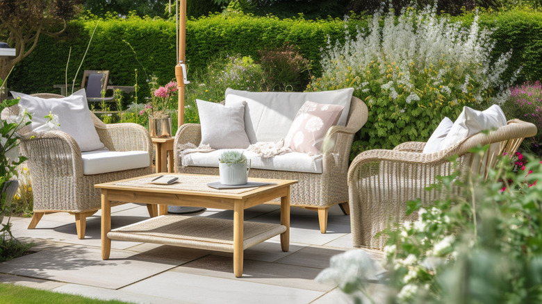 Outdoor patio furniture with a wicker base and pillows