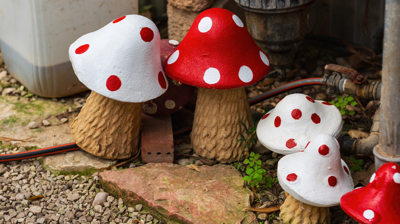 Red and white hand painted mushroom garden statues