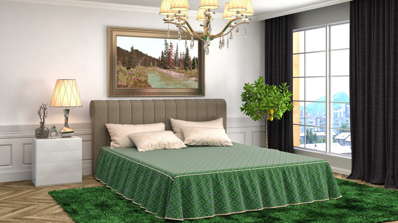 room with a green rug