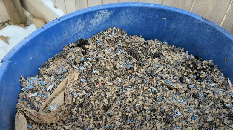 Bright blue bucket full of dirt and cardboard scraps for composting