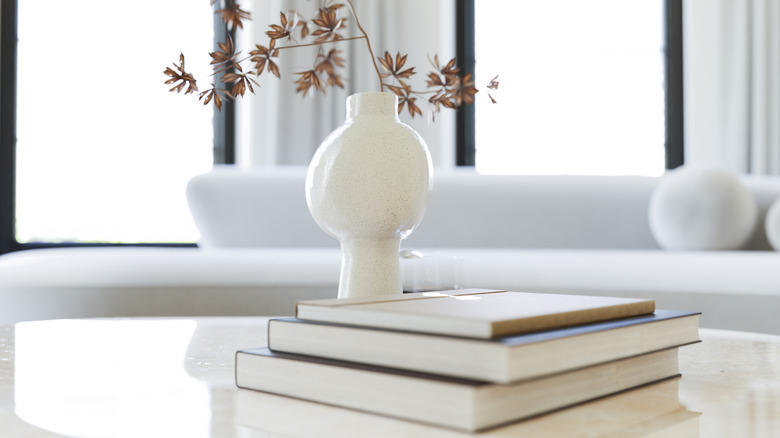 Budget-friendly DIY tiered plant pot sites on a wood coffee table next to some books.