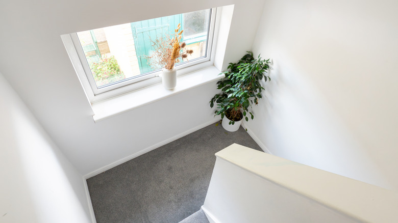 U-shaped staircase half-landing with white walls and carpeted floor