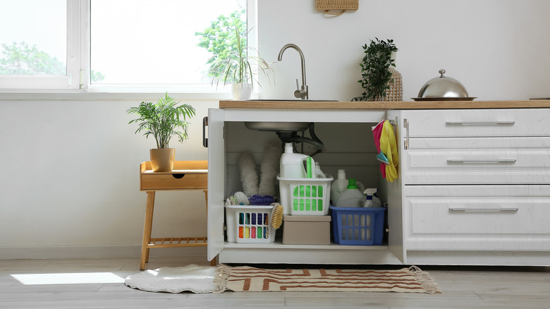 Kitchen with the under-sink cabinet opened up to reveal storage baskets and bottles