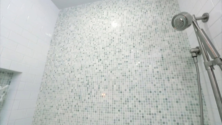 A blue and white tiled shower